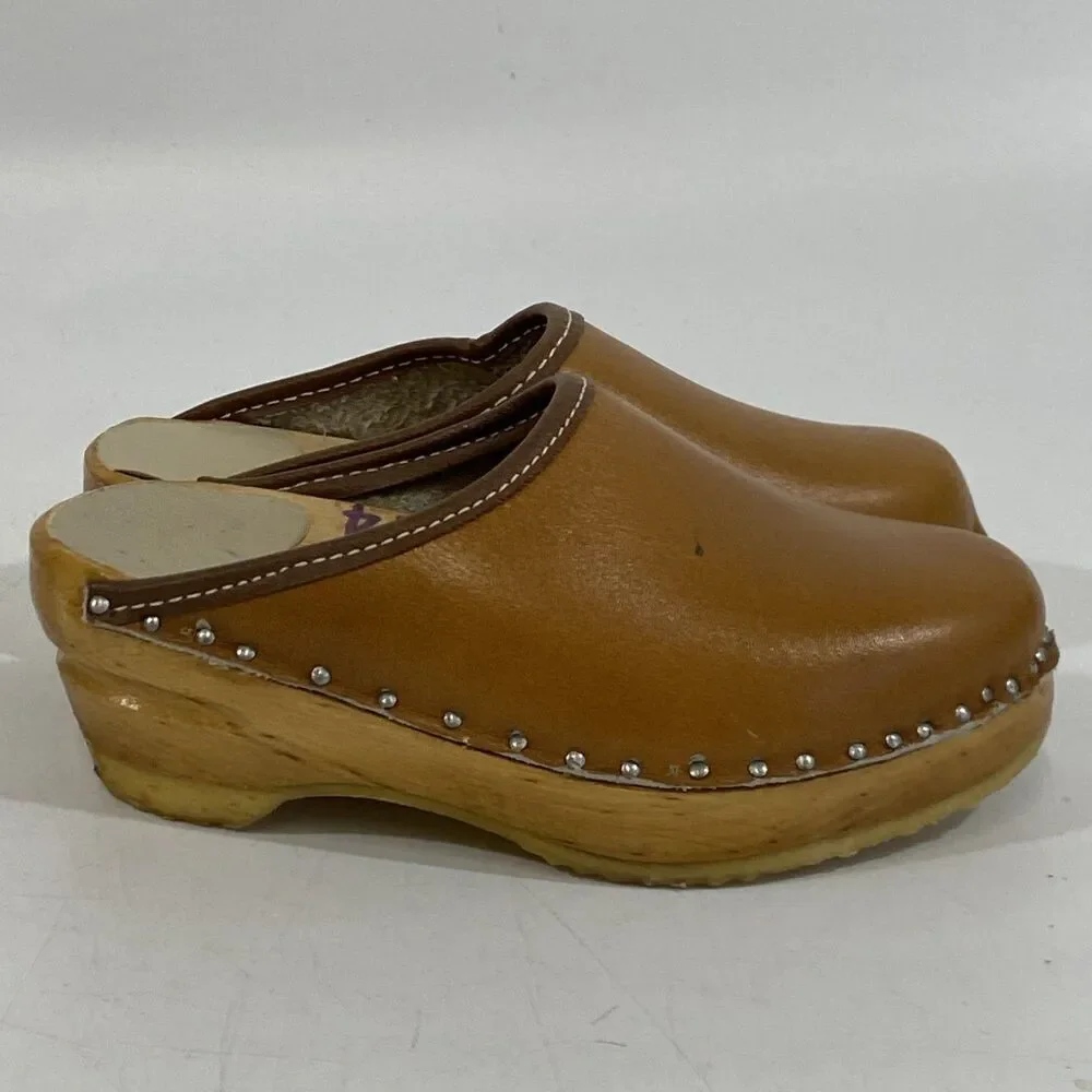 Vintage Girls Swedish Bastad-Toffeln Wood & Tan Leather Clogs Size 24 Us 8